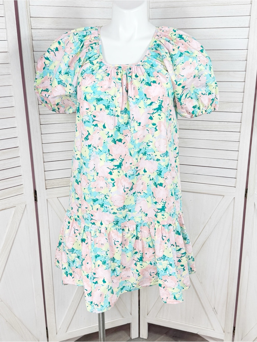 Gianni Bini Floral Puff Sleeve Ruffle Hem Shift Mini Dress Pink Aqua Large